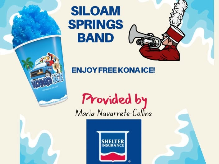 Flyer announcing free Kona Ice for the Siloam Springs Band provided by Maria Navarrete-Collins